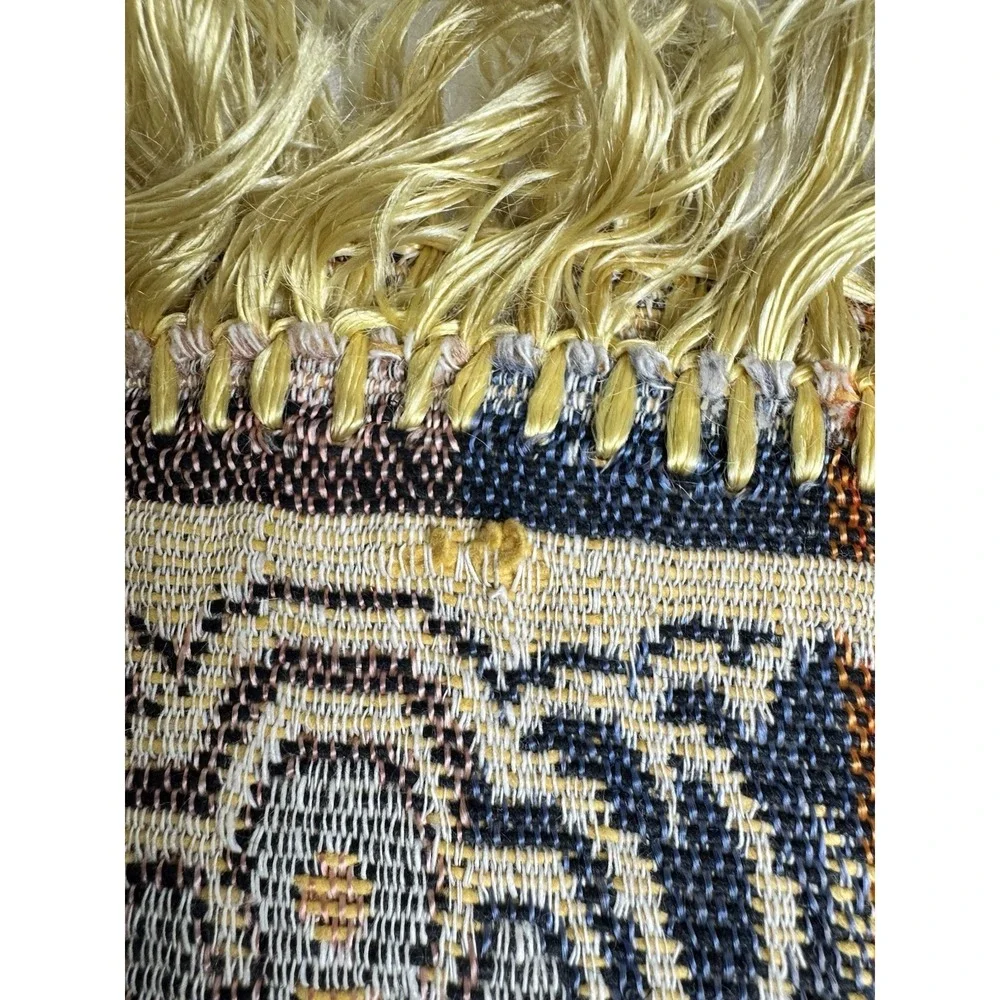 Vintage Woven Tapestry Table Runner Mosque Architecture Floral Fringed Cream